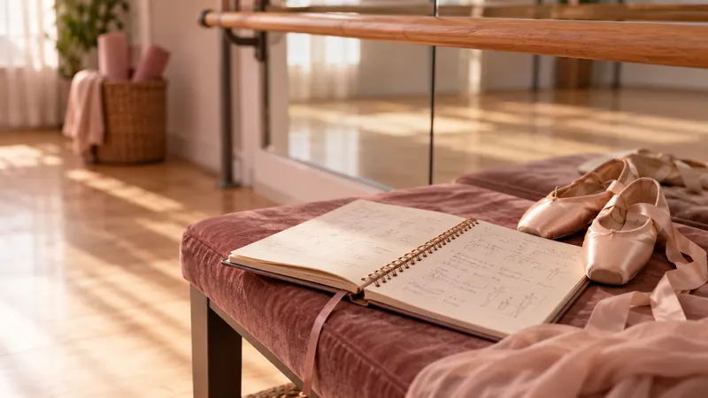 Caderno de planejamento aberto ao lado de sapatilhas, no banco de um estúdio de ballet