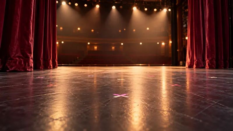 Palco vazio com marcações em X no chão