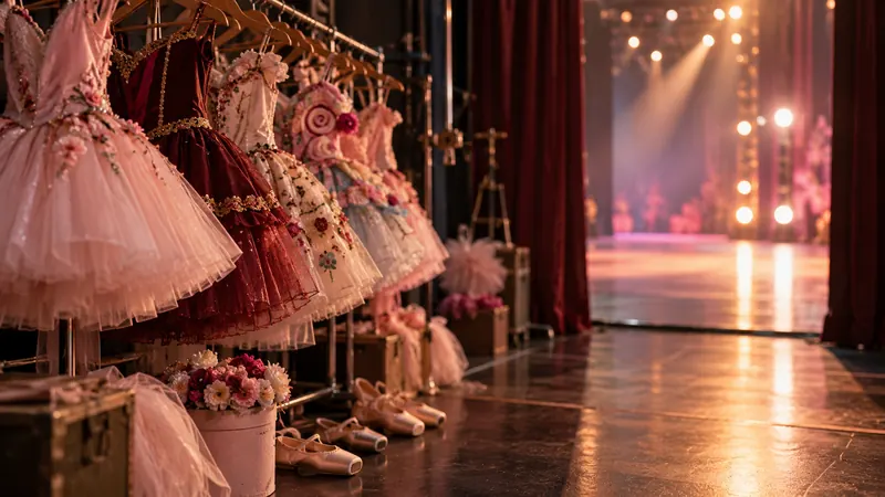 Bastidor com arara de figurinos e palco iluminado ao fundo